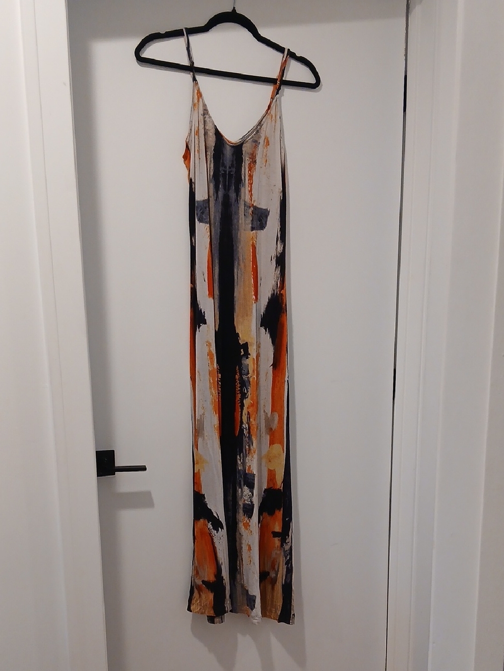 Abstract Print Spaghetti Strap Maxi Dress - Orange & Black
